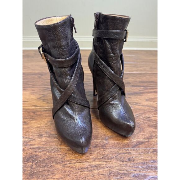 ELEVENTY Chocolate Brown Strappy Buckle/Zip Heeled Boots, Sz 38 - Picture 1 of 11